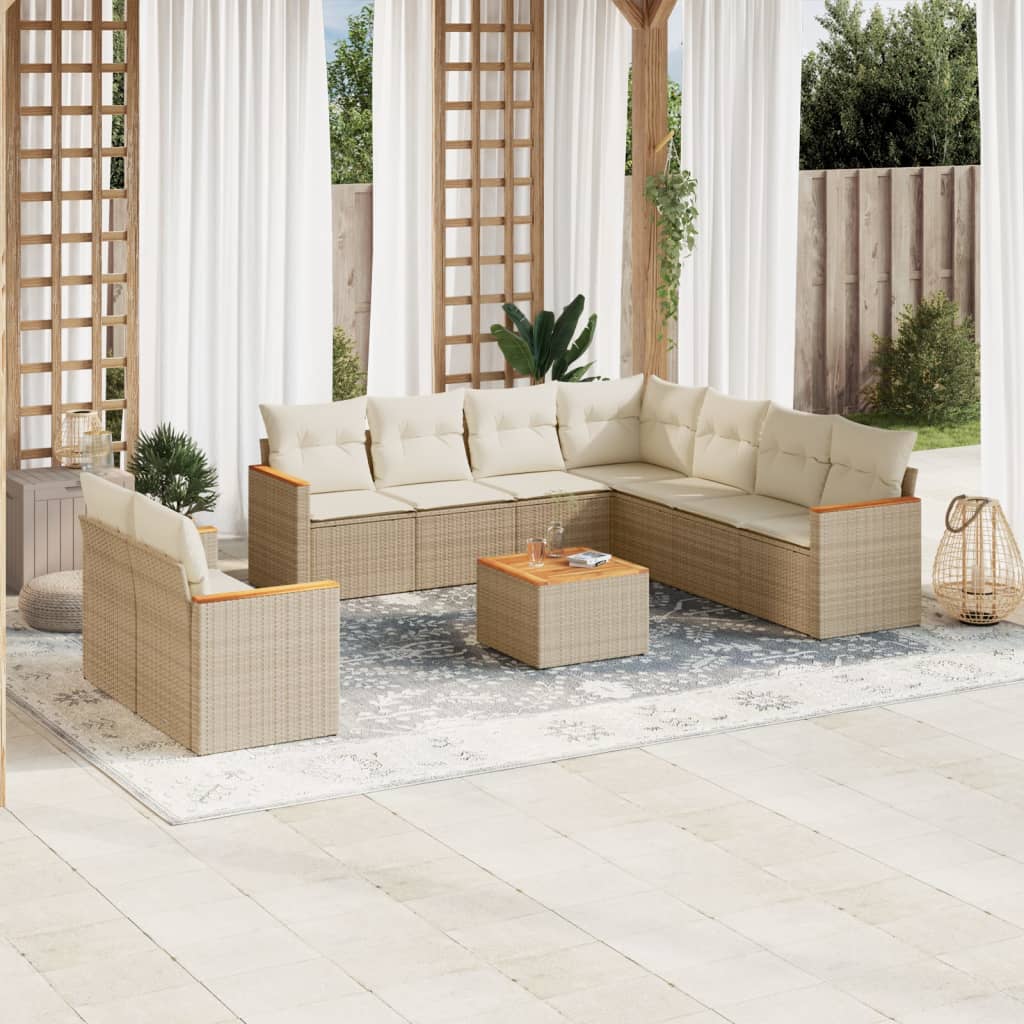 10 Pcs conjunto de sofás p/ jardim com almofadões vime PE bege