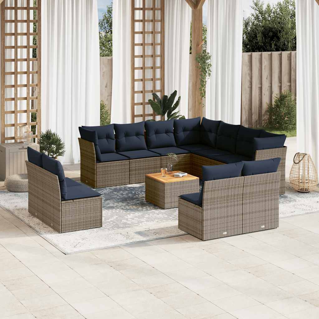 12 Pcs conjunto sofás p/ jardim c/ almofadões vime PE cinzento