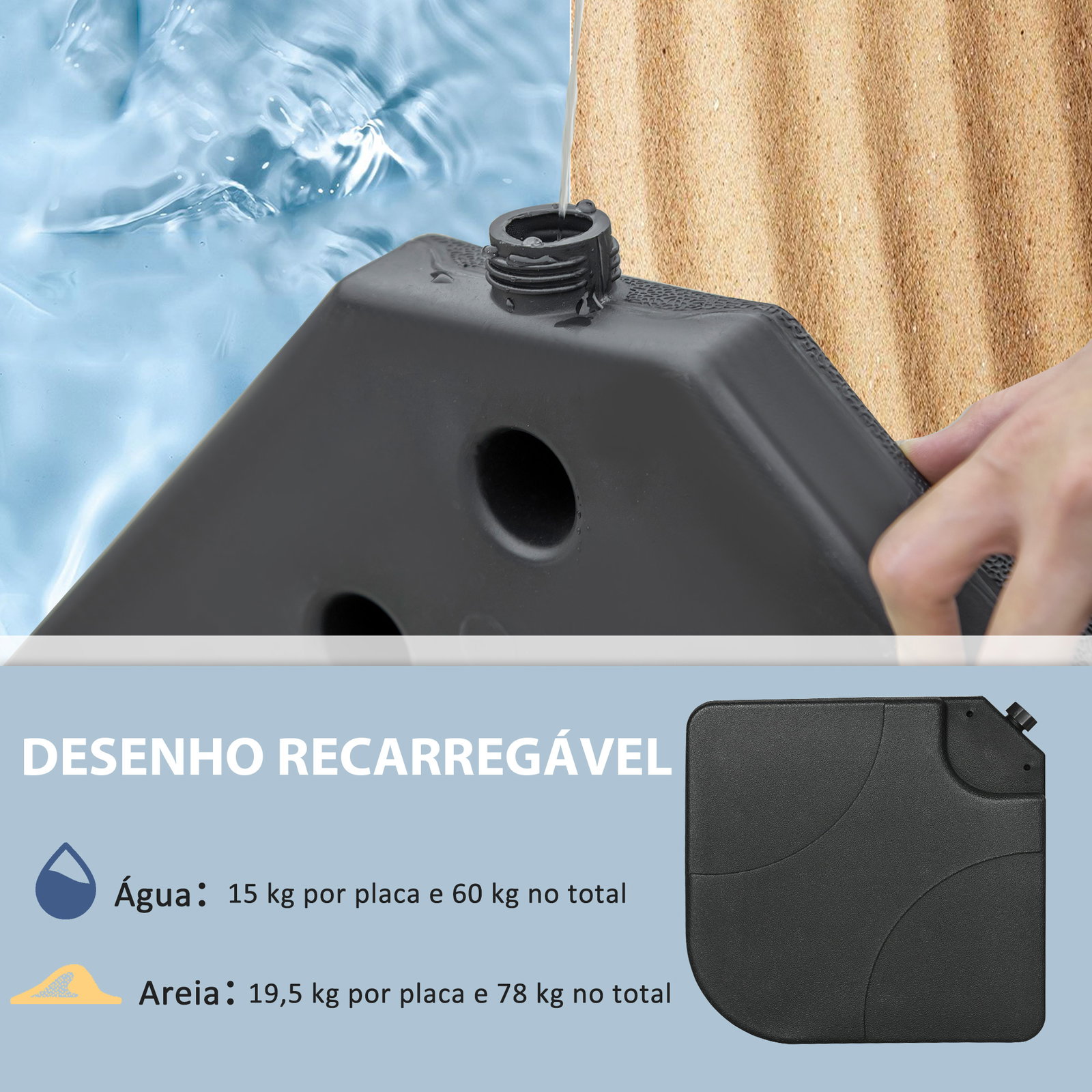 Conjunto de pesos para base de chapéu de sol de 4 peças preenchível com 15 litros de água ou 19,5 kg de areia preto