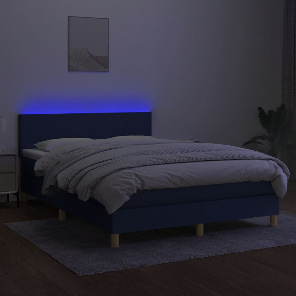 Cama box spring c/ colchão e LED 140x200 cm tecido azul