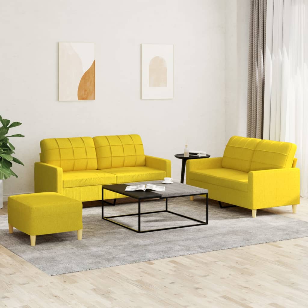 3 Pcs conjunto de sofás com almofadões tecido amarelo-claro