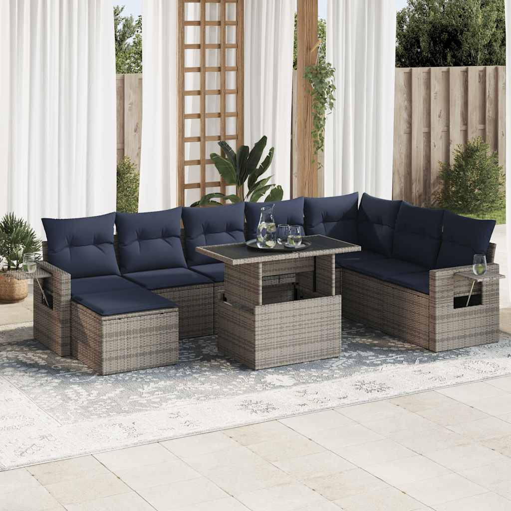 9 Pcs conjunto sofás jardim almofadões vime PE/acácia cinzento