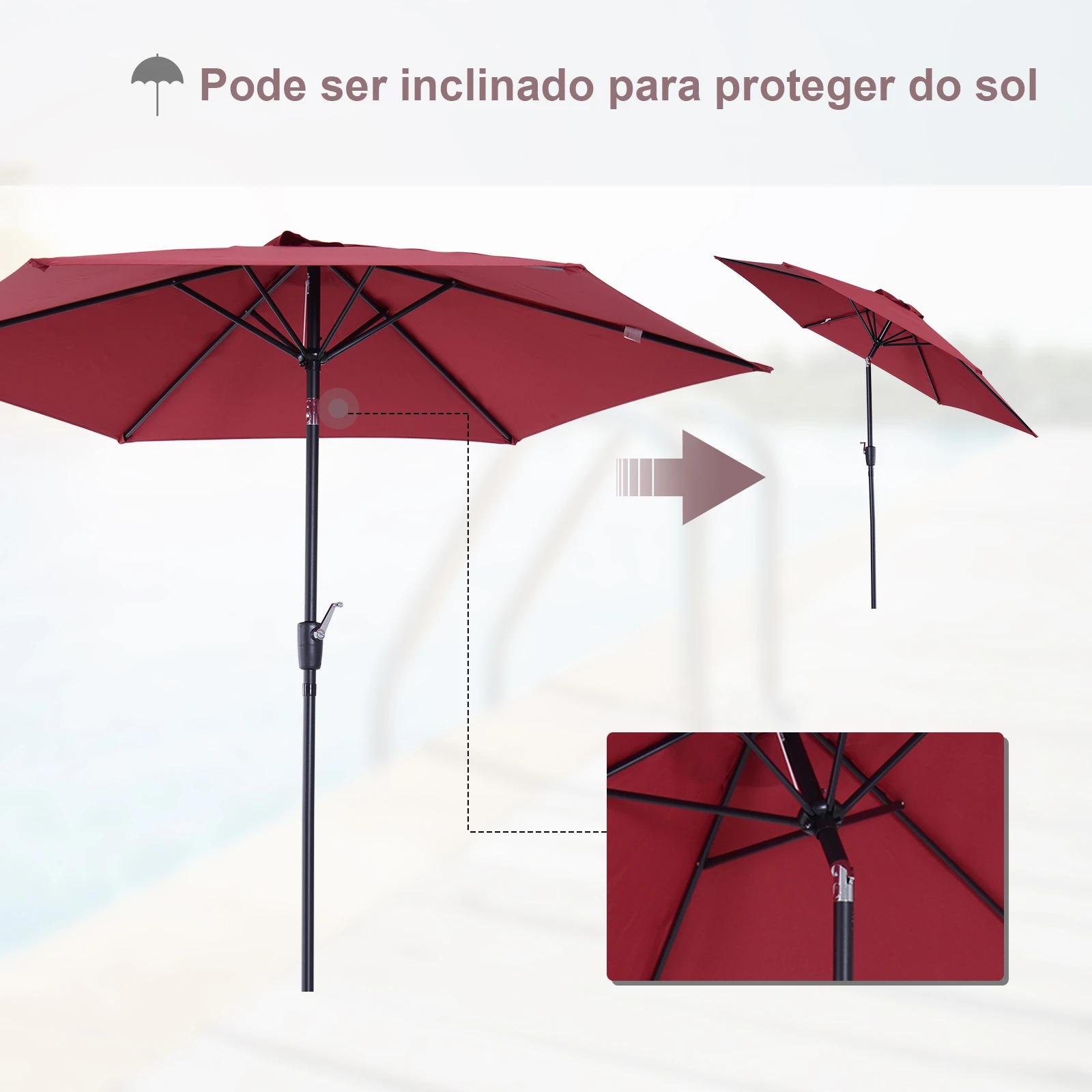 Chapéu de Sol de Jardim Ø270x235cm Chapéu de Sol de Alumínio Reclinável com Manivela e 6 Hastes para Terraço Exterior Balcão Ver