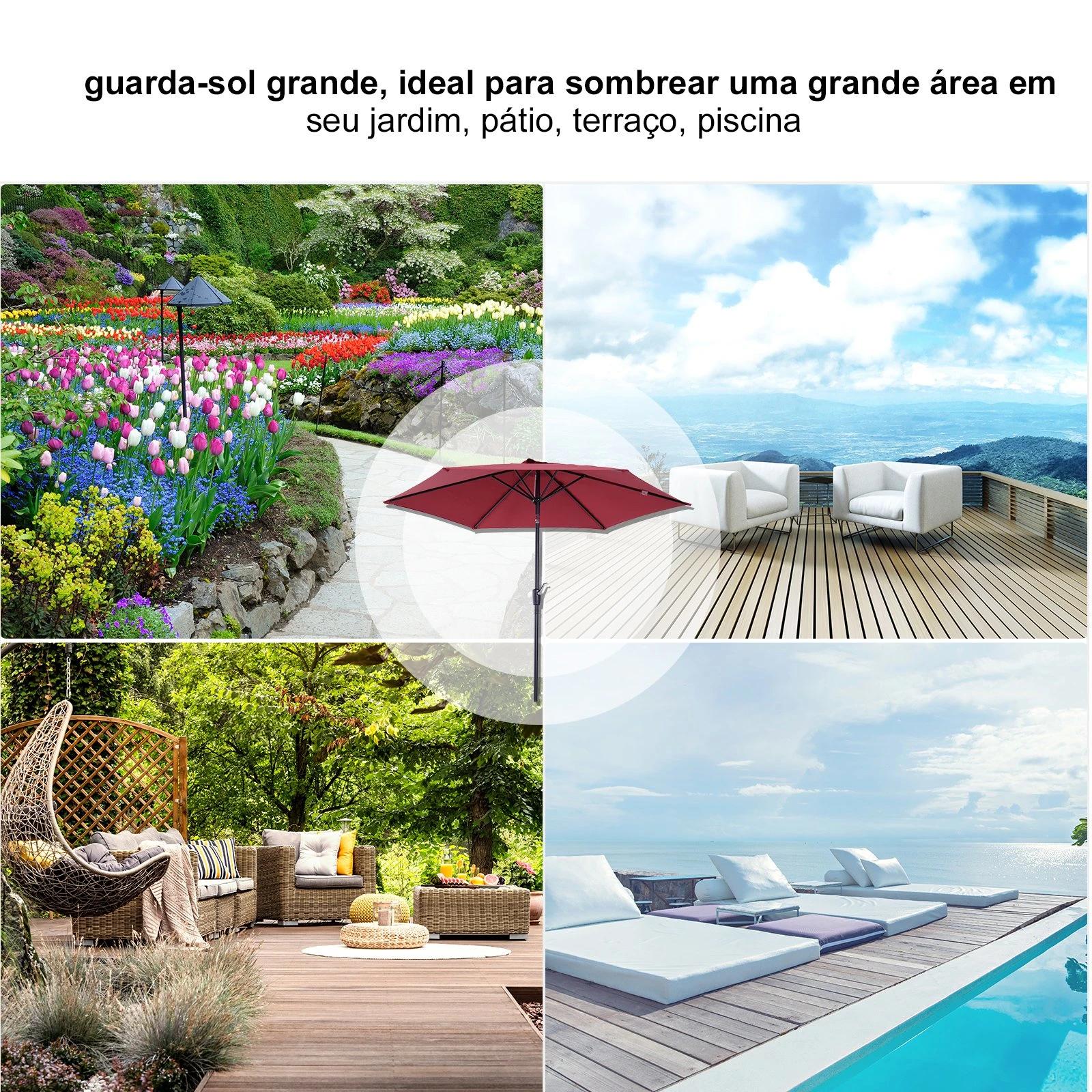 Chapéu de Sol de Jardim Ø270x235cm Chapéu de Sol de Alumínio Reclinável com Manivela e 6 Hastes para Terraço Exterior Balcão Ver