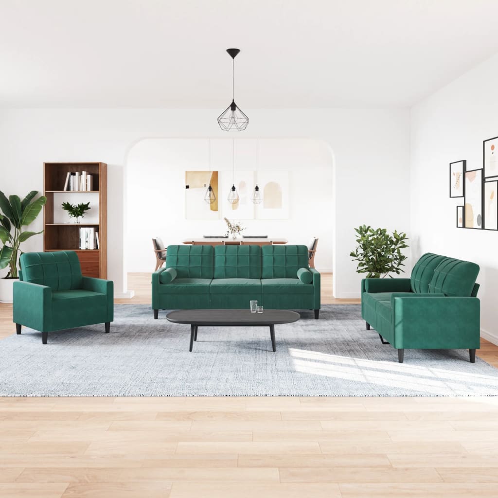3 Pcs conjunto sofás com almofadões e rolos veludo verde-escuro