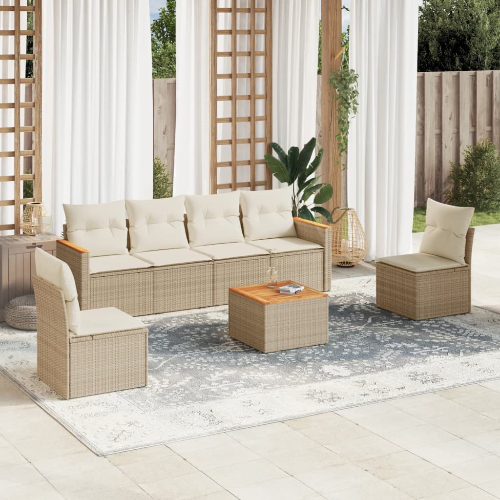 7 Pcs conjunto de sofás p/ jardim com almofadões vime PE bege