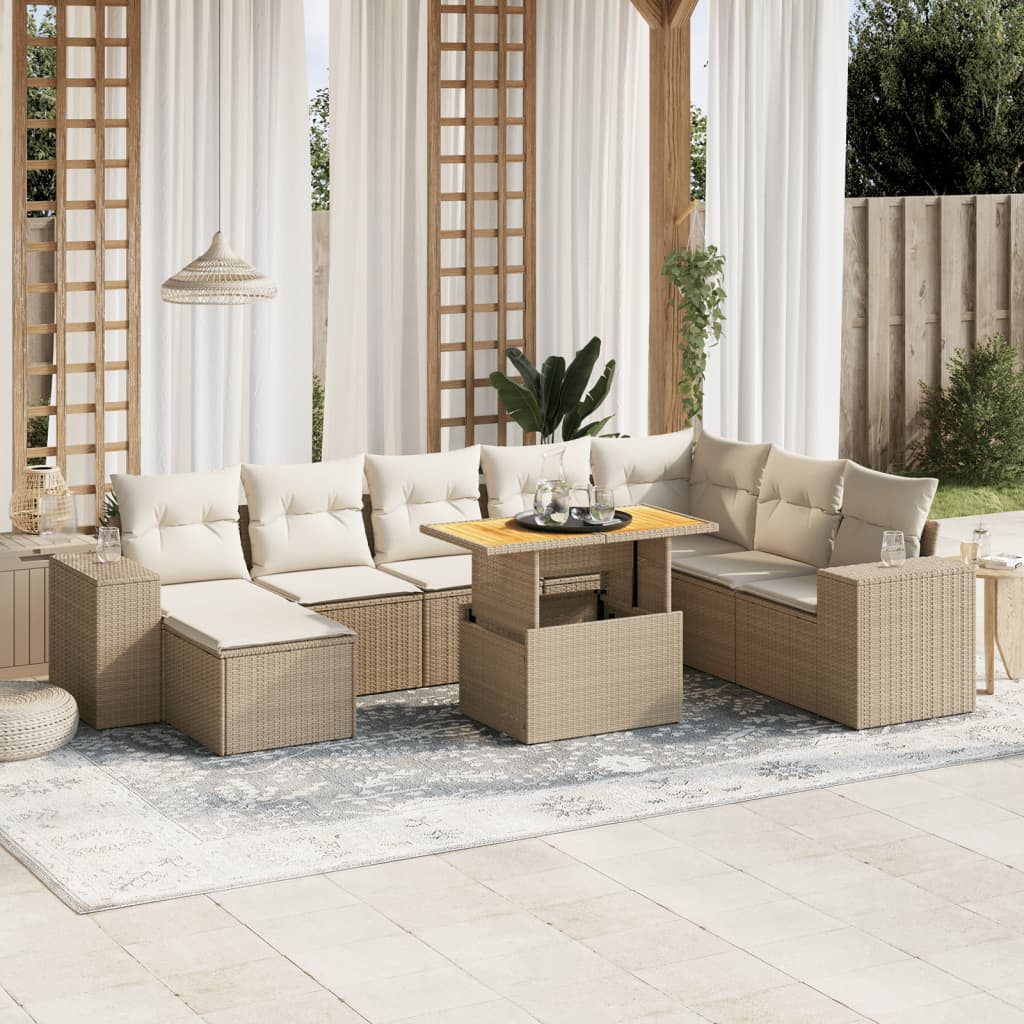9 Pcs conjunto de sofás p/ jardim com almofadões vime PE bege