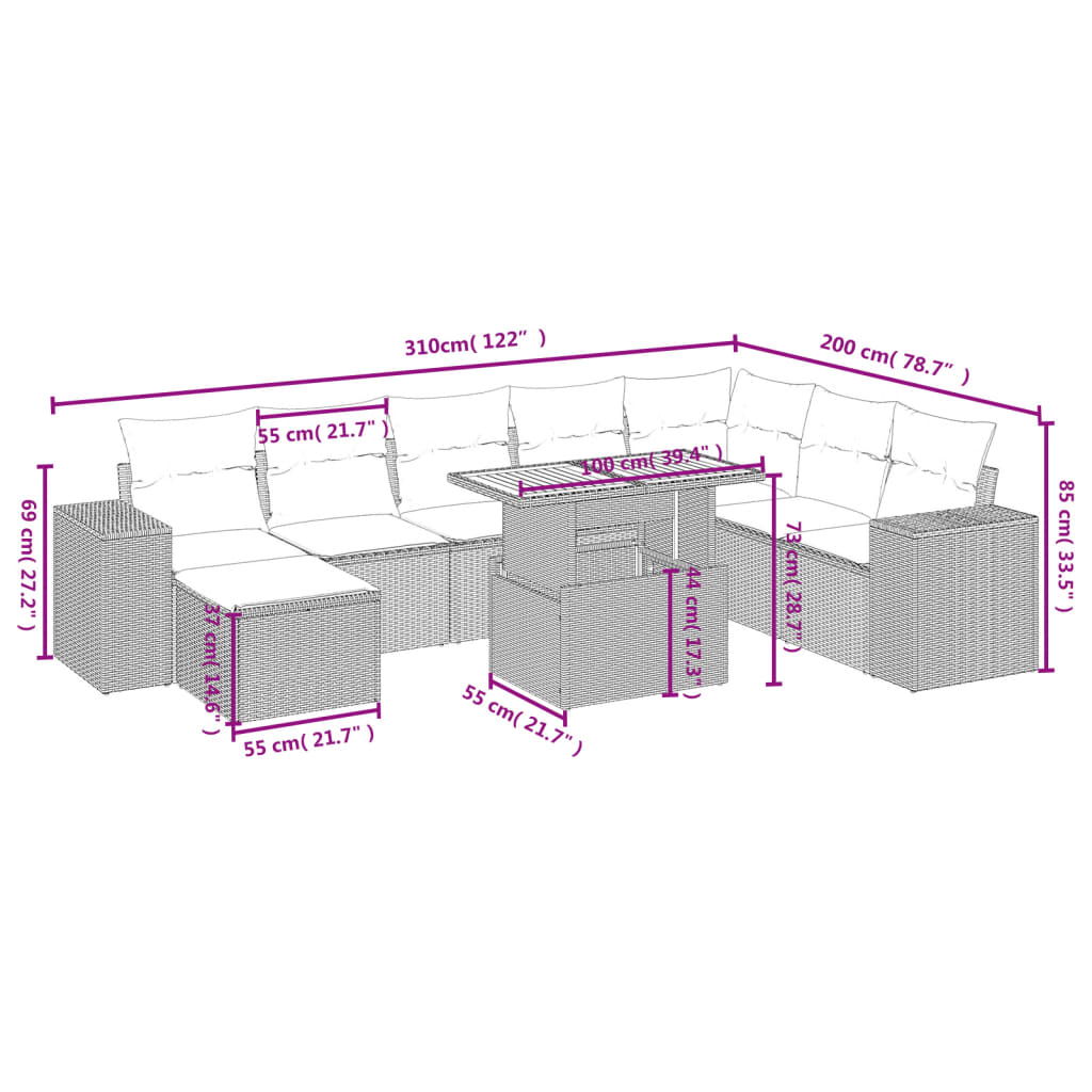 9 Pcs conjunto de sofás p/ jardim com almofadões vime PE bege
