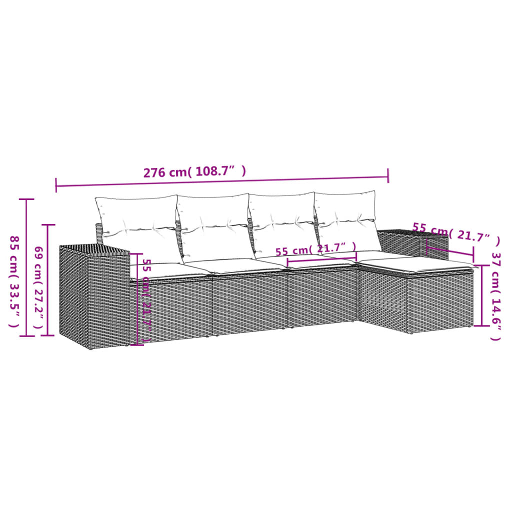 5 Pcs conjunto sofás p/ jardim c/ almofadões vime PE castanho