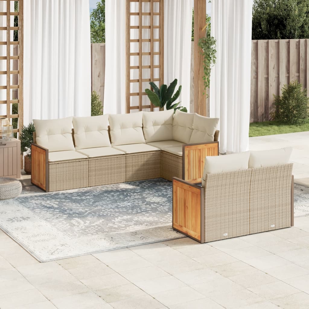 7 Pcs conjunto de sofás p/ jardim com almofadões vime PE bege