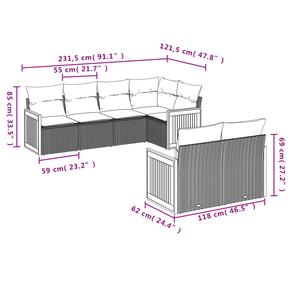7 Pcs conjunto de sofás p/ jardim com almofadões vime PE bege