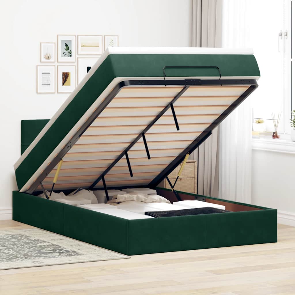Estrutura de cama otomana com colchão verde escuro veludo