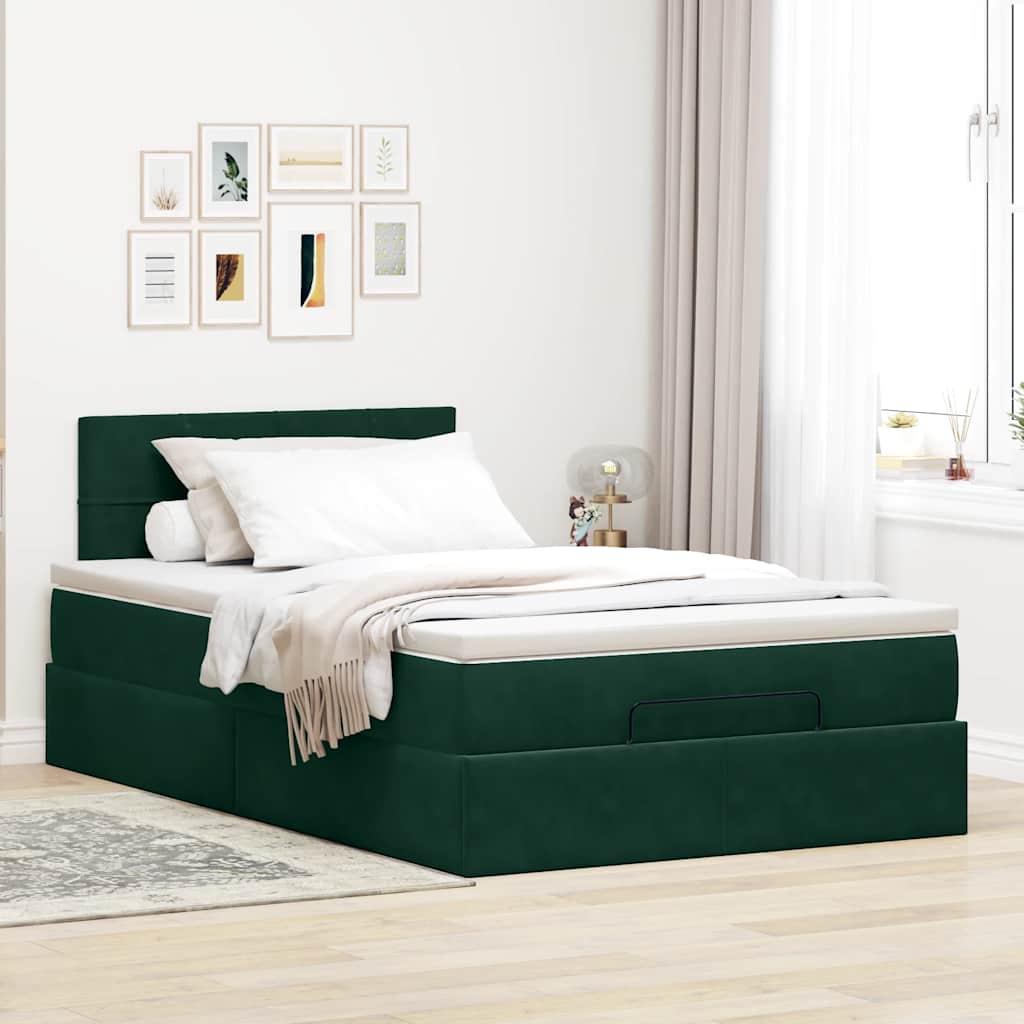 Estrutura de cama otomana com colchão verde escuro veludo