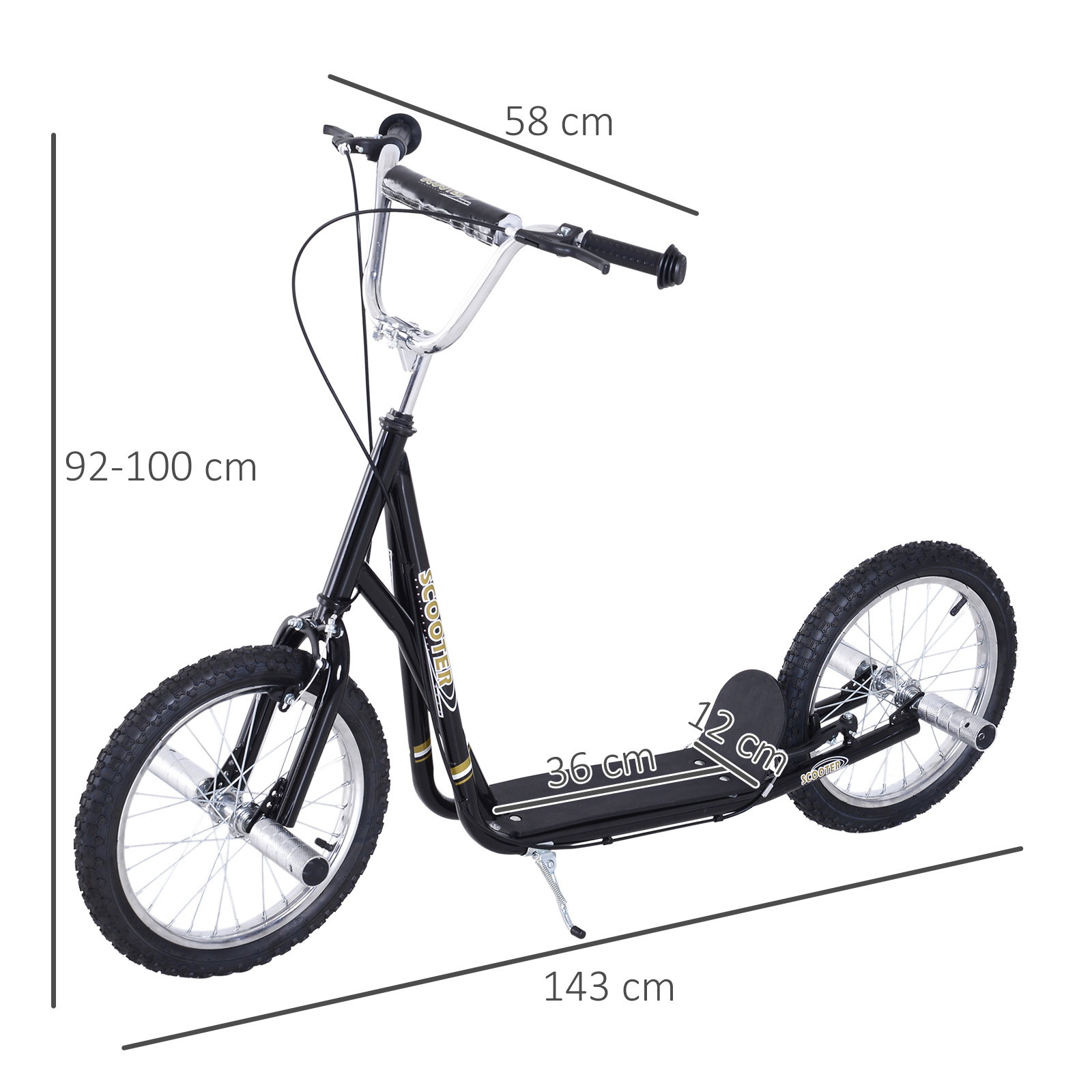 Trotinete para Crianças acima de 5 anos Scooter de 2 Rodas Grandes Insufláveis de 16 Polegadas com Freios e Guidão Ajustável em