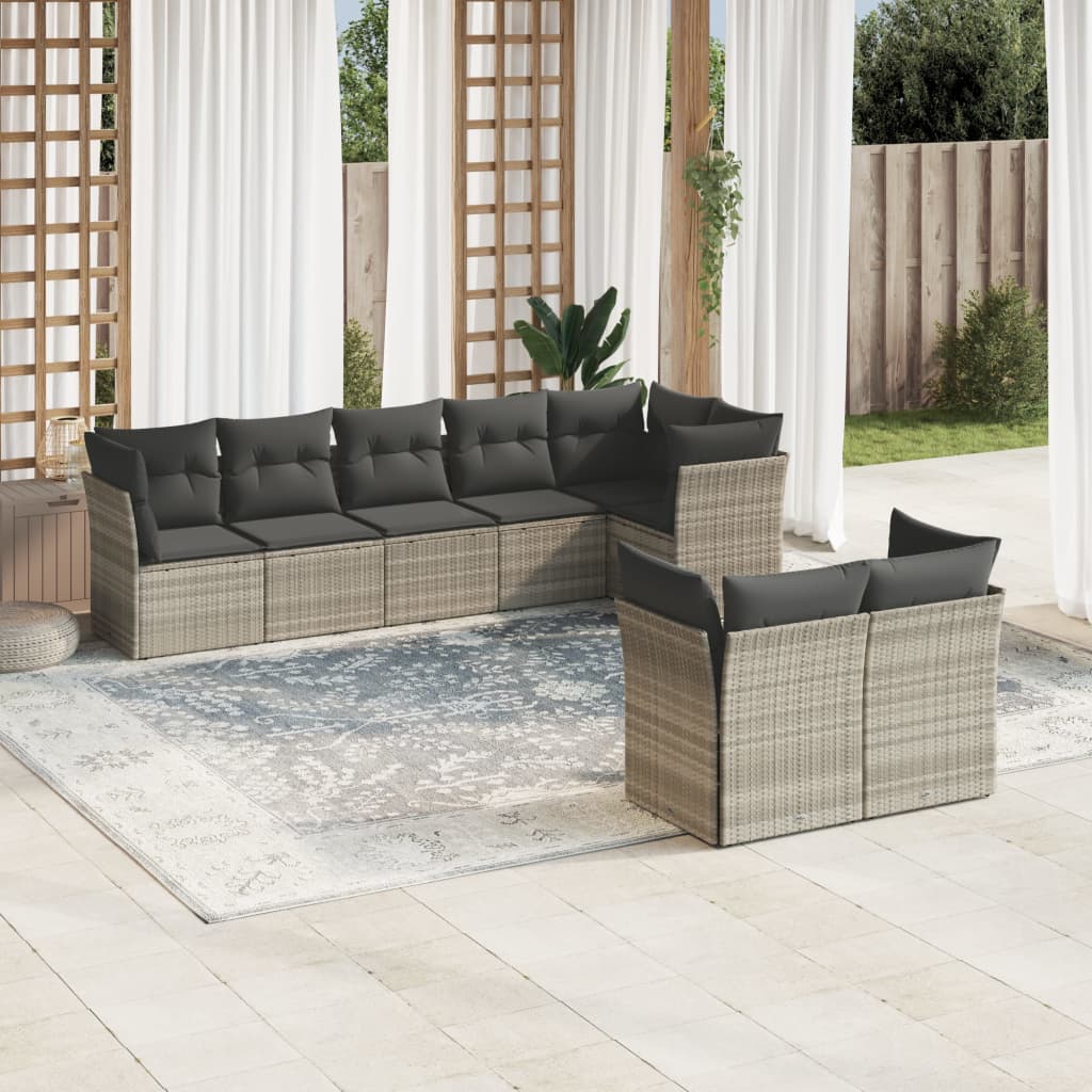 8 Pcs conj. sofás jardim c/ almofadões vime PE cinzento-claro