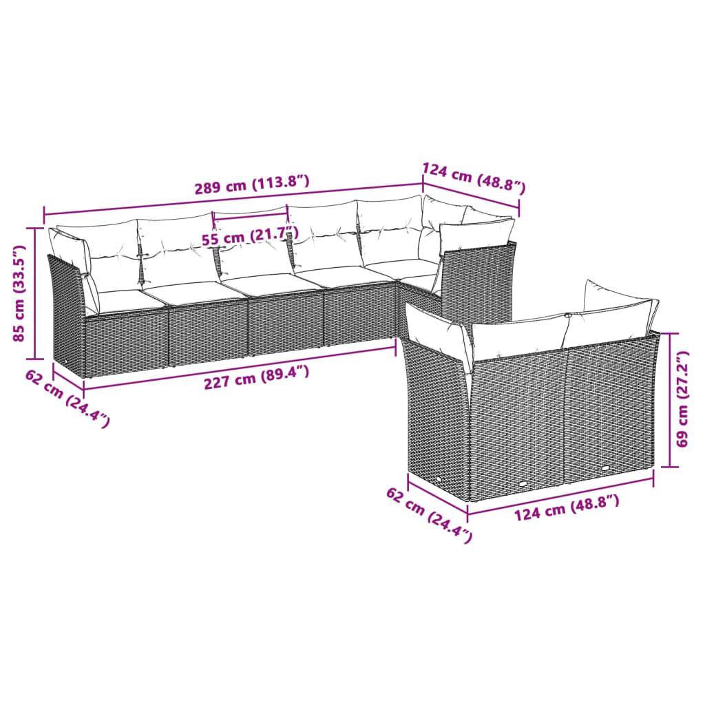 8 Pcs conj. sofás jardim c/ almofadões vime PE cinzento-claro