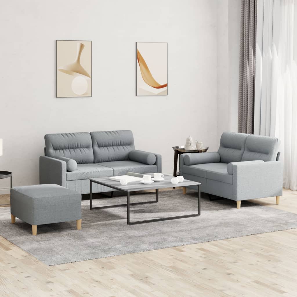 3 Pcs conjunto de sofás com almofadas tecido cinzento-claro
