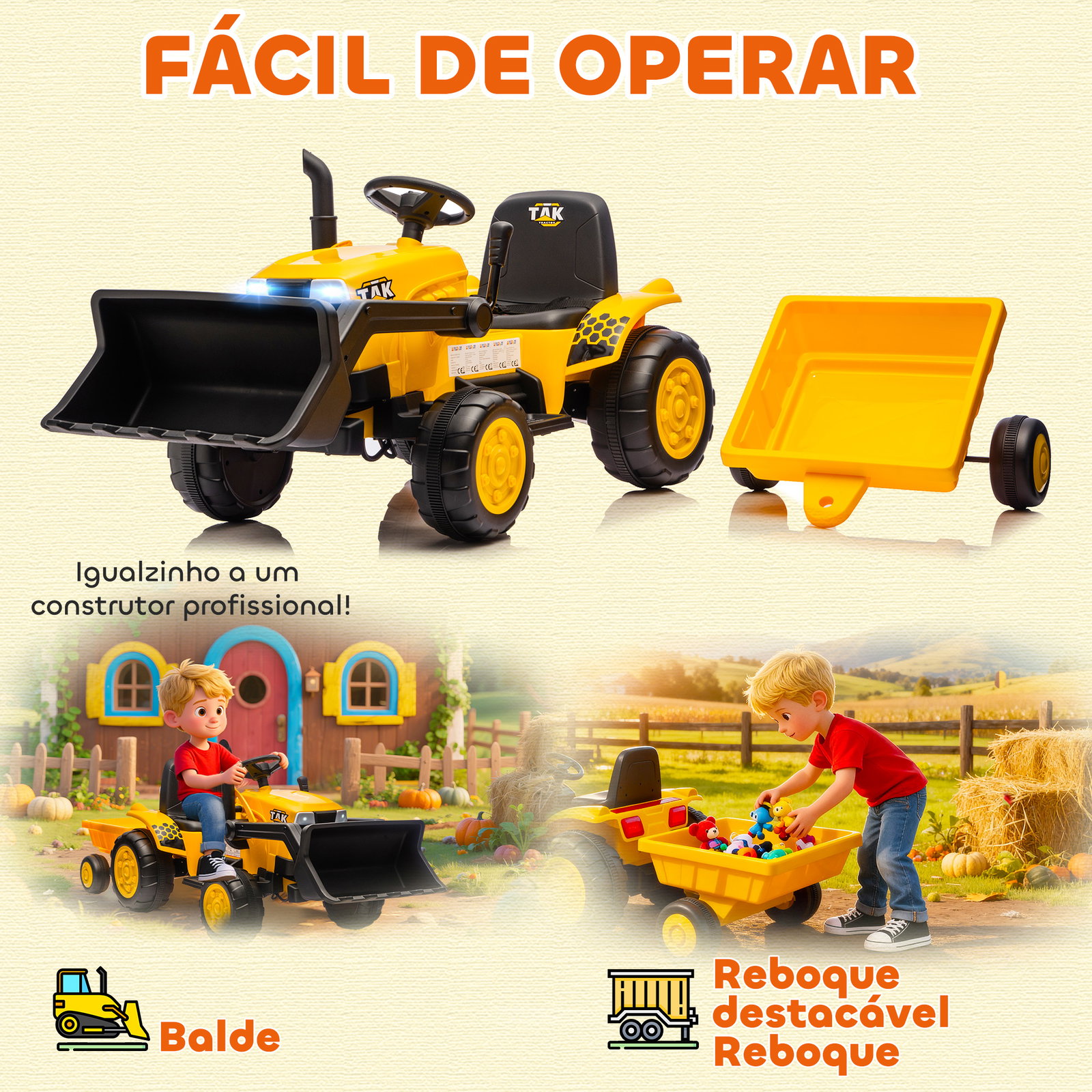 Trator elétrico para crianças com reboque e pá 12v motor duplo luzes música conexão sem fios USB 146x58x58,5 cm amarelo