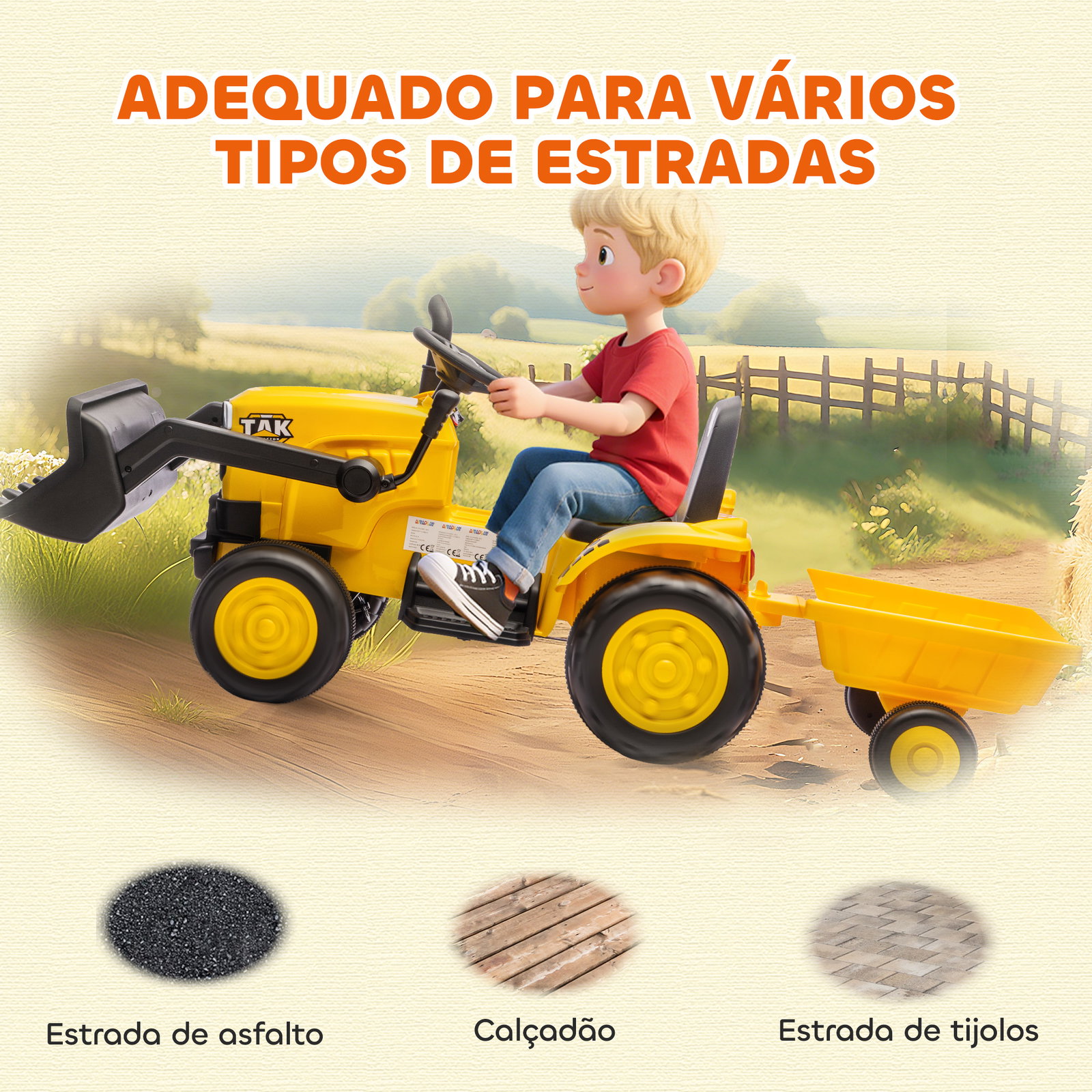Trator elétrico para crianças com reboque e pá 12v motor duplo luzes música conexão sem fios USB 146x58x58,5 cm amarelo