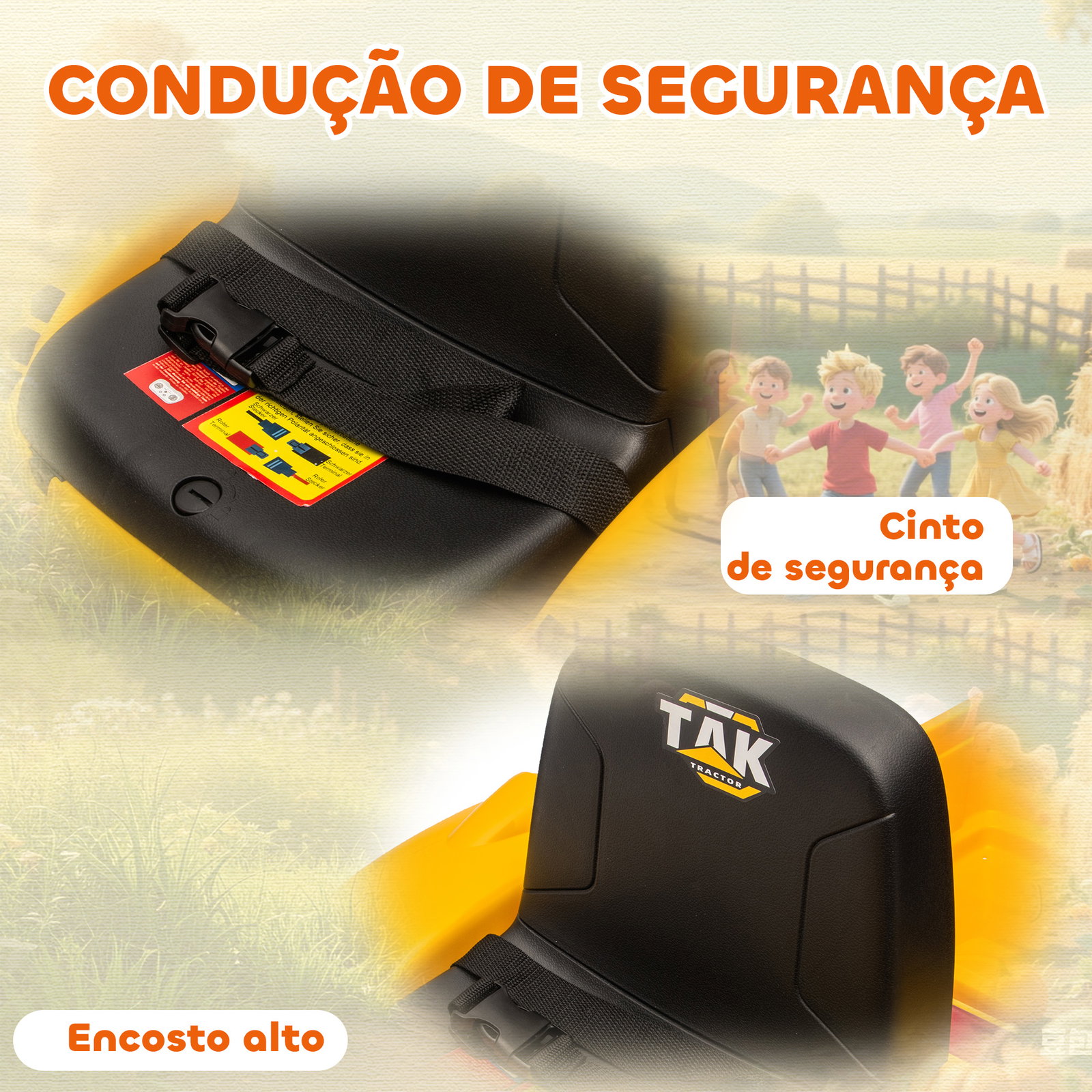 Trator elétrico para crianças com reboque e pá 12v motor duplo luzes música conexão sem fios USB 146x58x58,5 cm amarelo