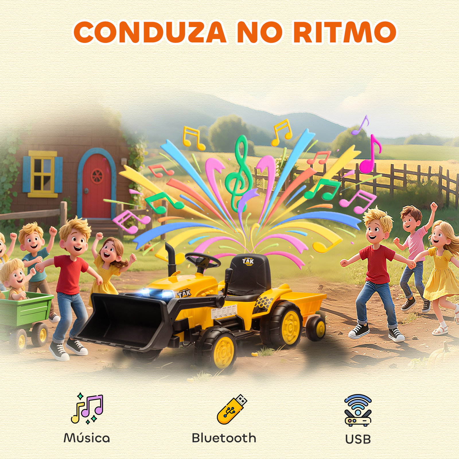 Trator elétrico para crianças com reboque e pá 12v motor duplo luzes música conexão sem fios USB 146x58x58,5 cm amarelo