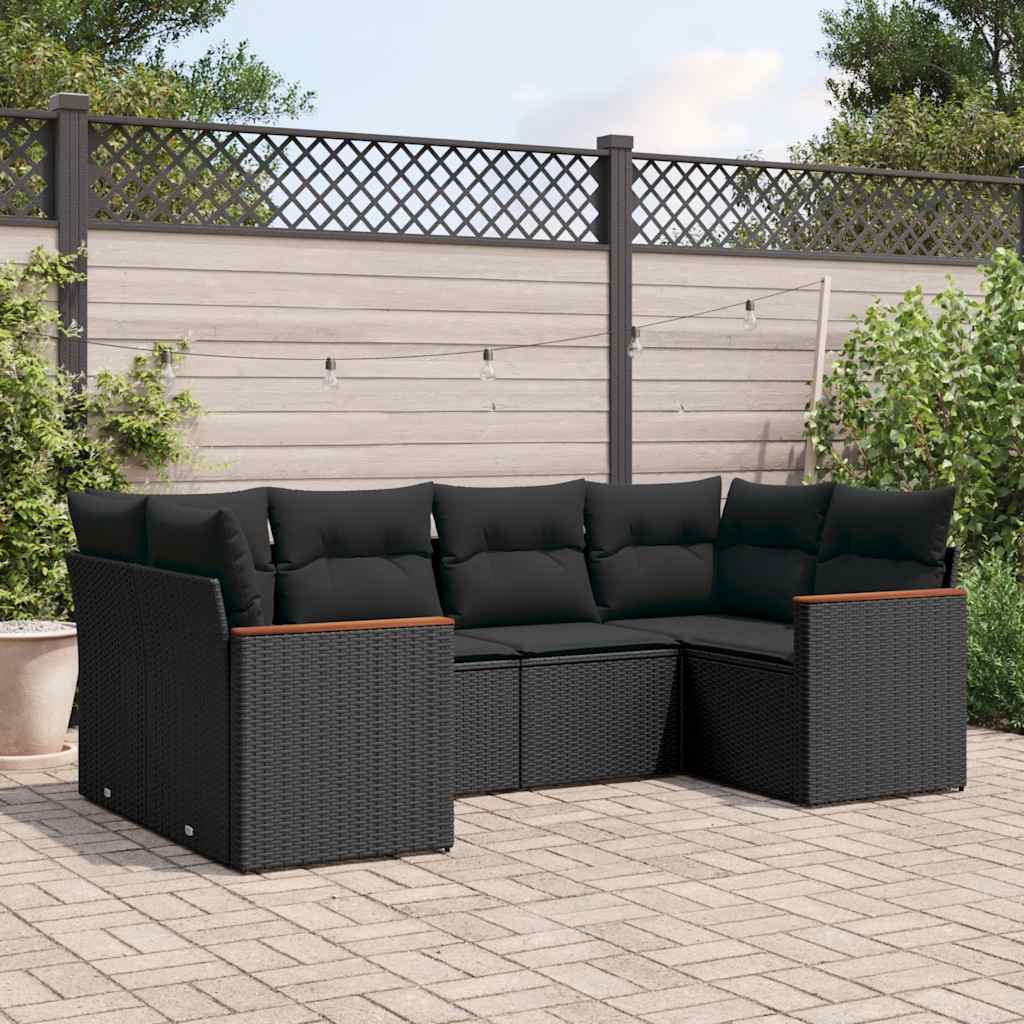 6 Pcs conjunto sofás de jardim c/ almofadões vime PE preto