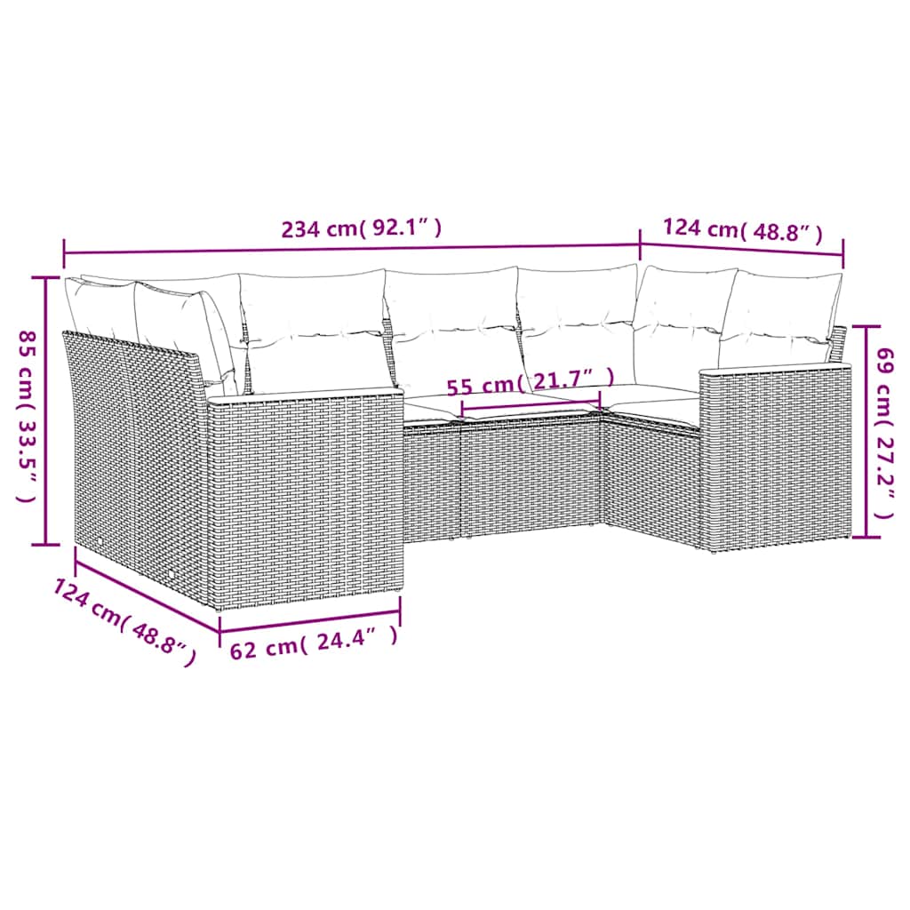 6 Pcs conjunto sofás de jardim c/ almofadões vime PE preto