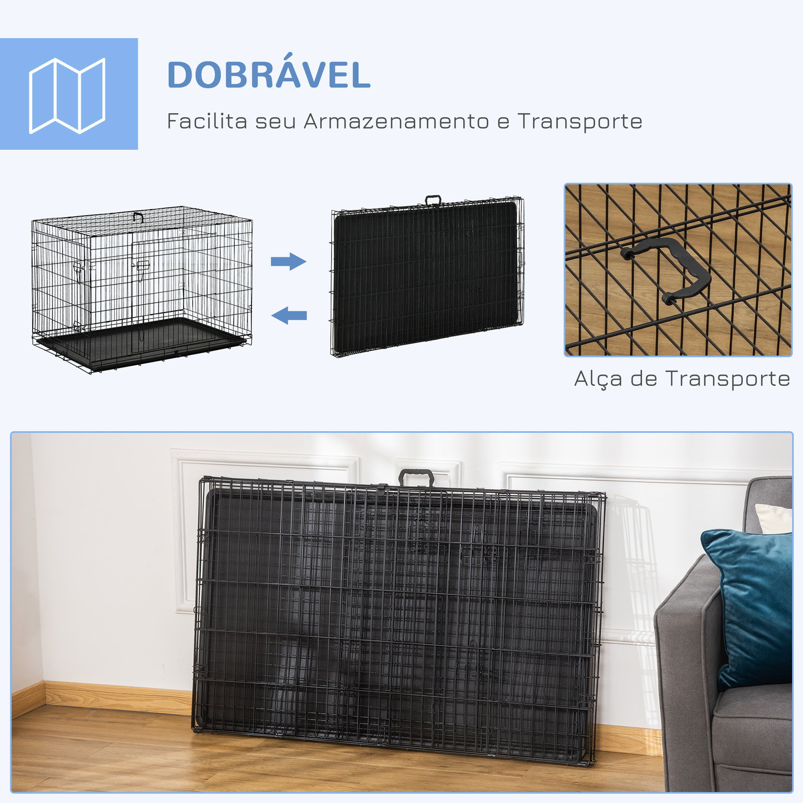 Gaiola para cães pequenos gaiola para animal de estimação dobrável com 2 portas alça de transporte bandeja removível aço 106x71x76cm preto