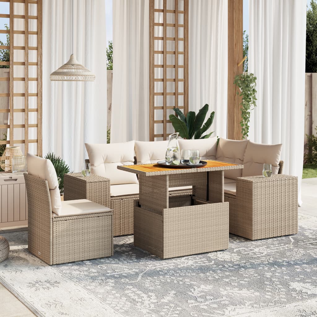 6 Pcs conjunto de sofás p/ jardim com almofadões vime PE bege