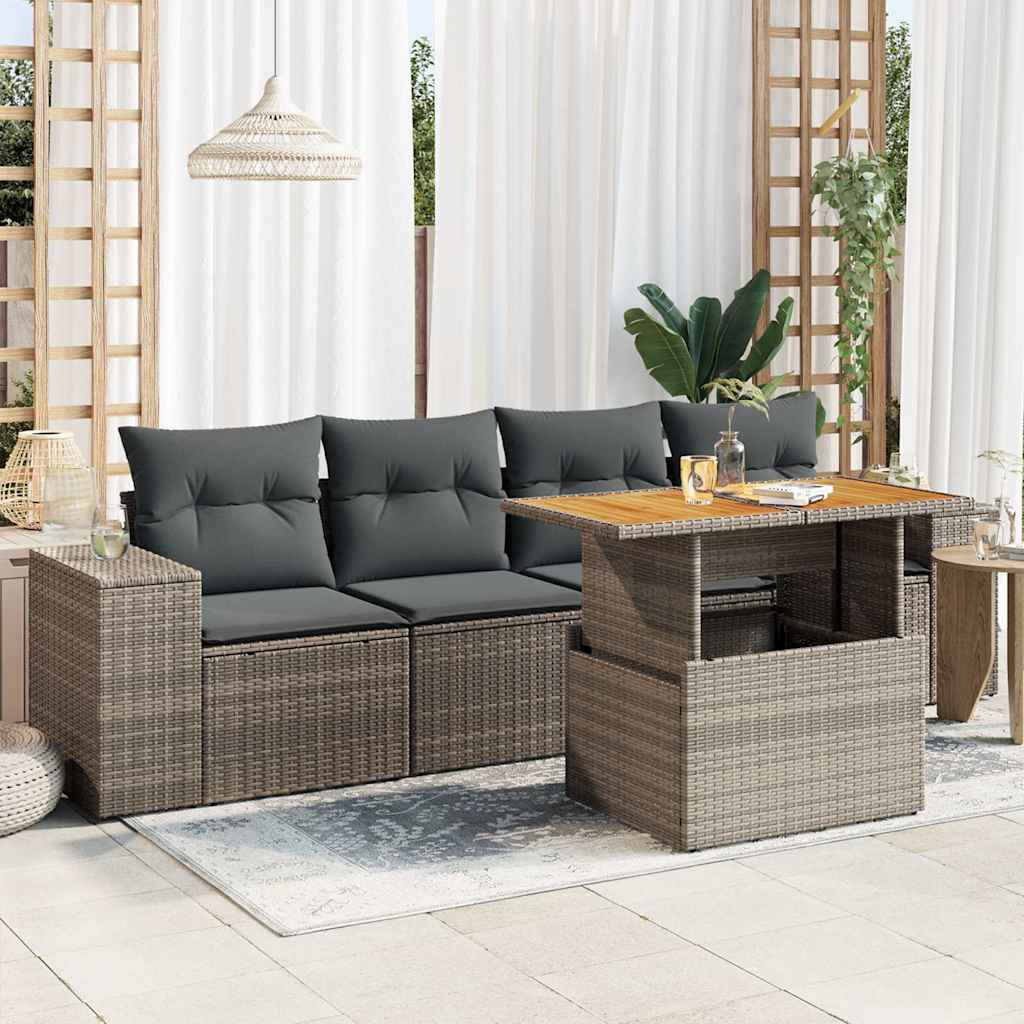 5 Pcs conjunto sofás de jardim c/ almofadões vime PE cinzento