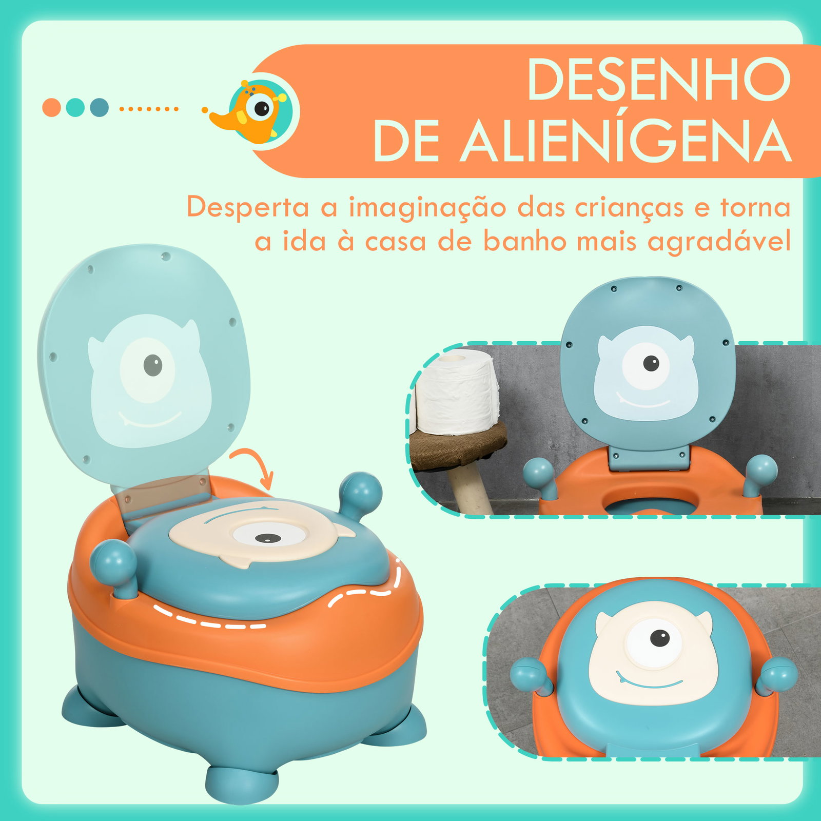 Bacio para bebé de 6-36 meses portátil em forma de alienígena com tampa e estrutura antiderrapante 35,6x35,7x22,2 cm azul