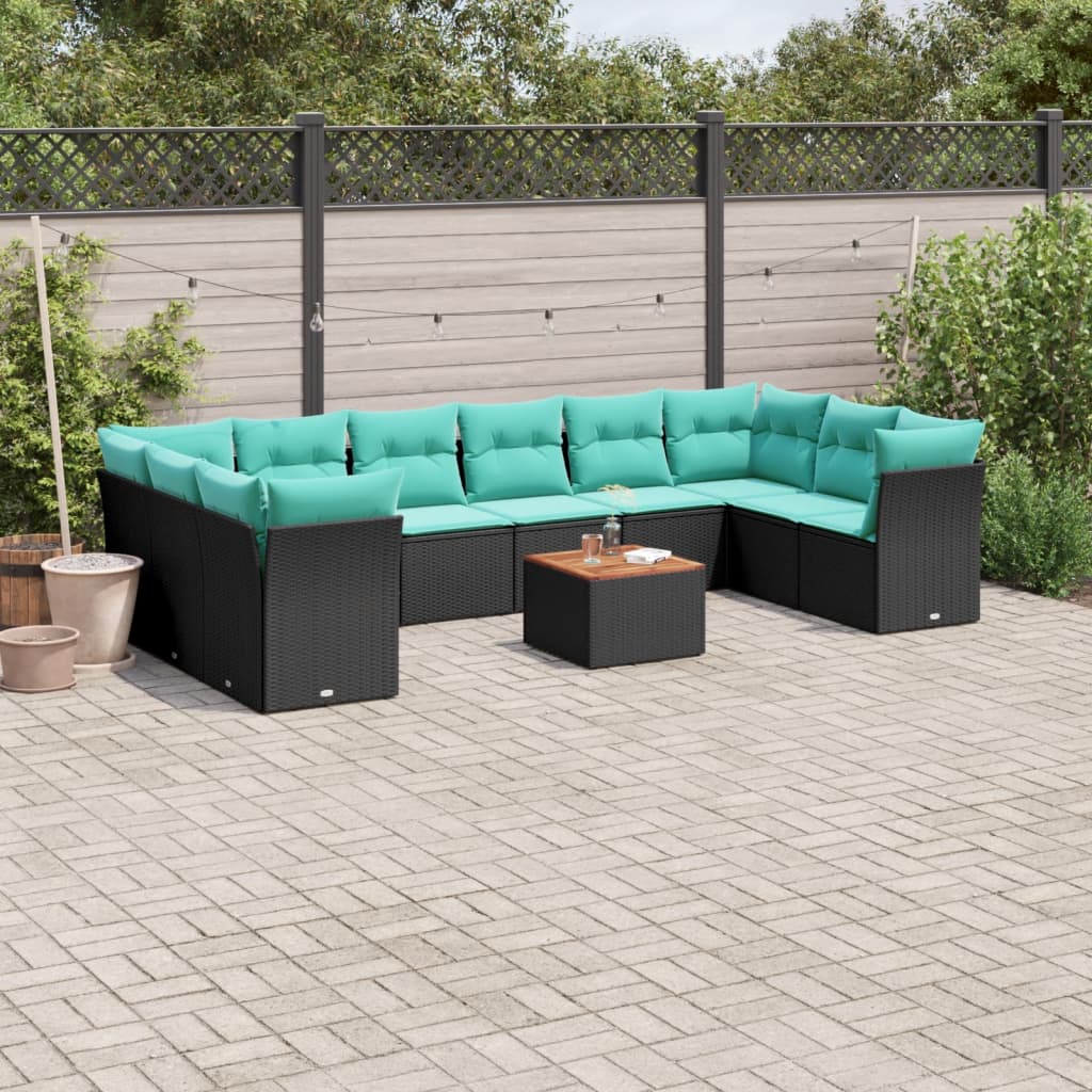 11 Pcs conjunto sofás de jardim c/ almofadões vime PE preto