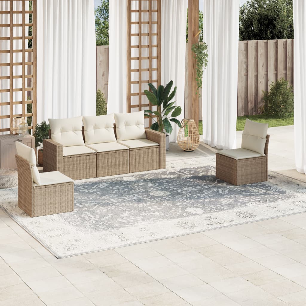 5 Pcs conjunto de sofás p/ jardim com almofadões vime PE bege