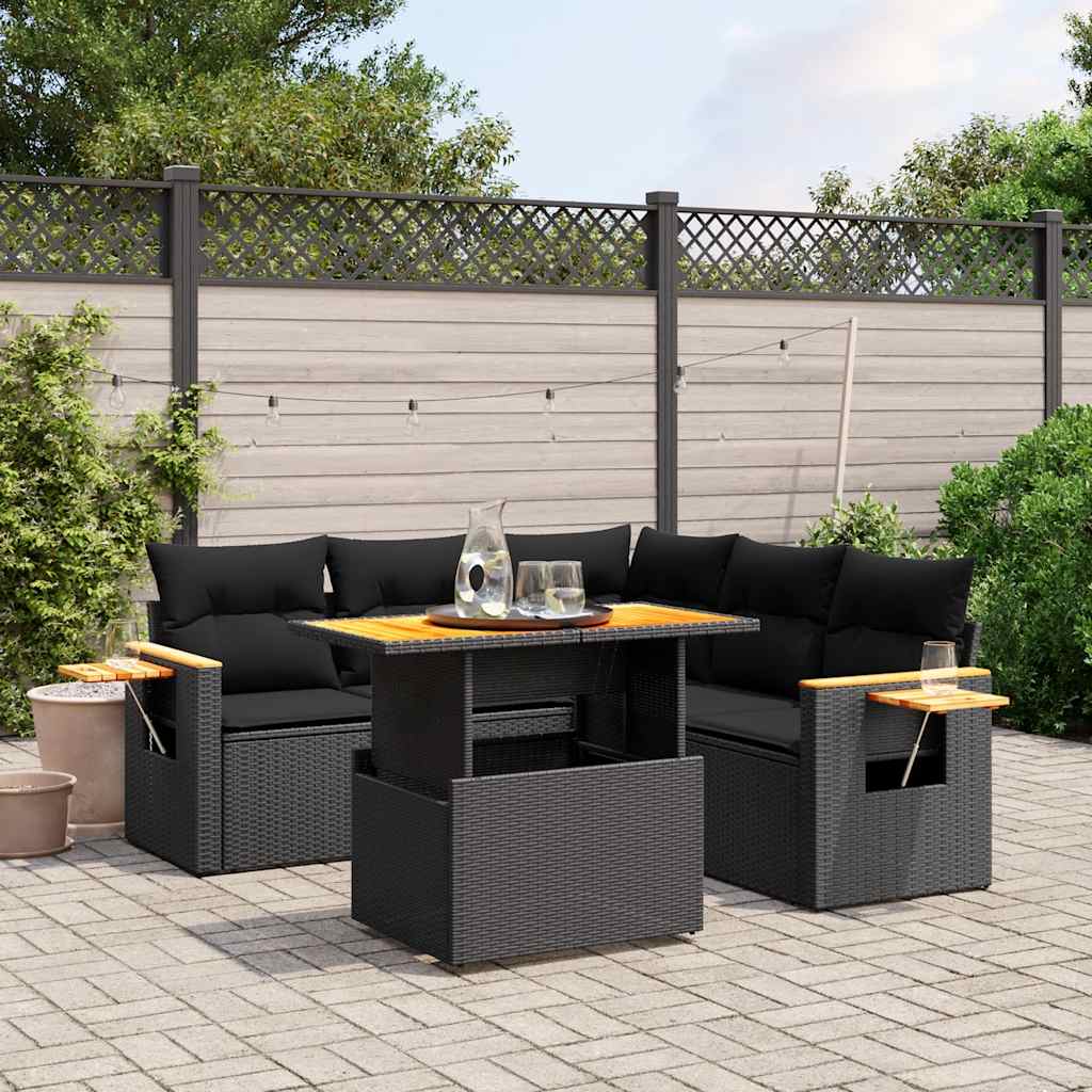 6 Pcs conjunto sofás de jardim c/ almofadões vime PE preto