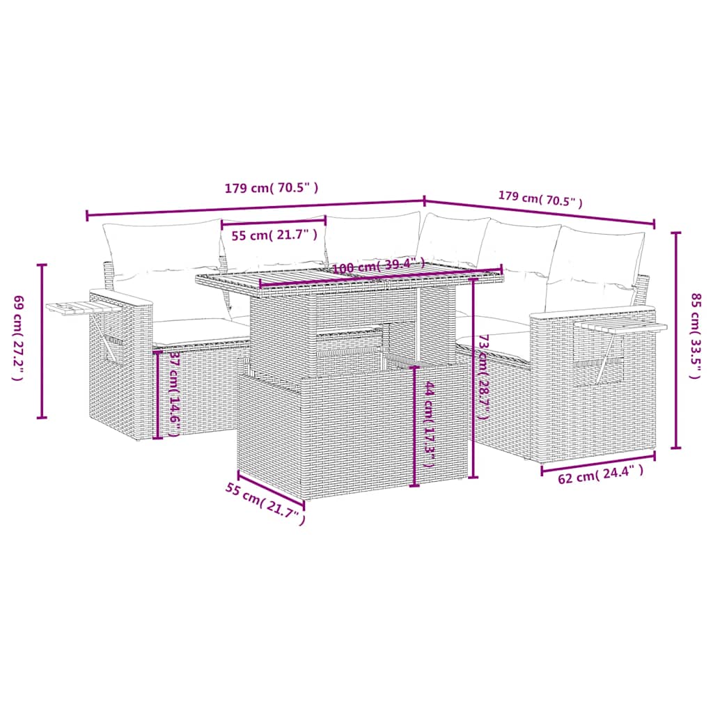 6 Pcs conjunto sofás de jardim c/ almofadões vime PE preto