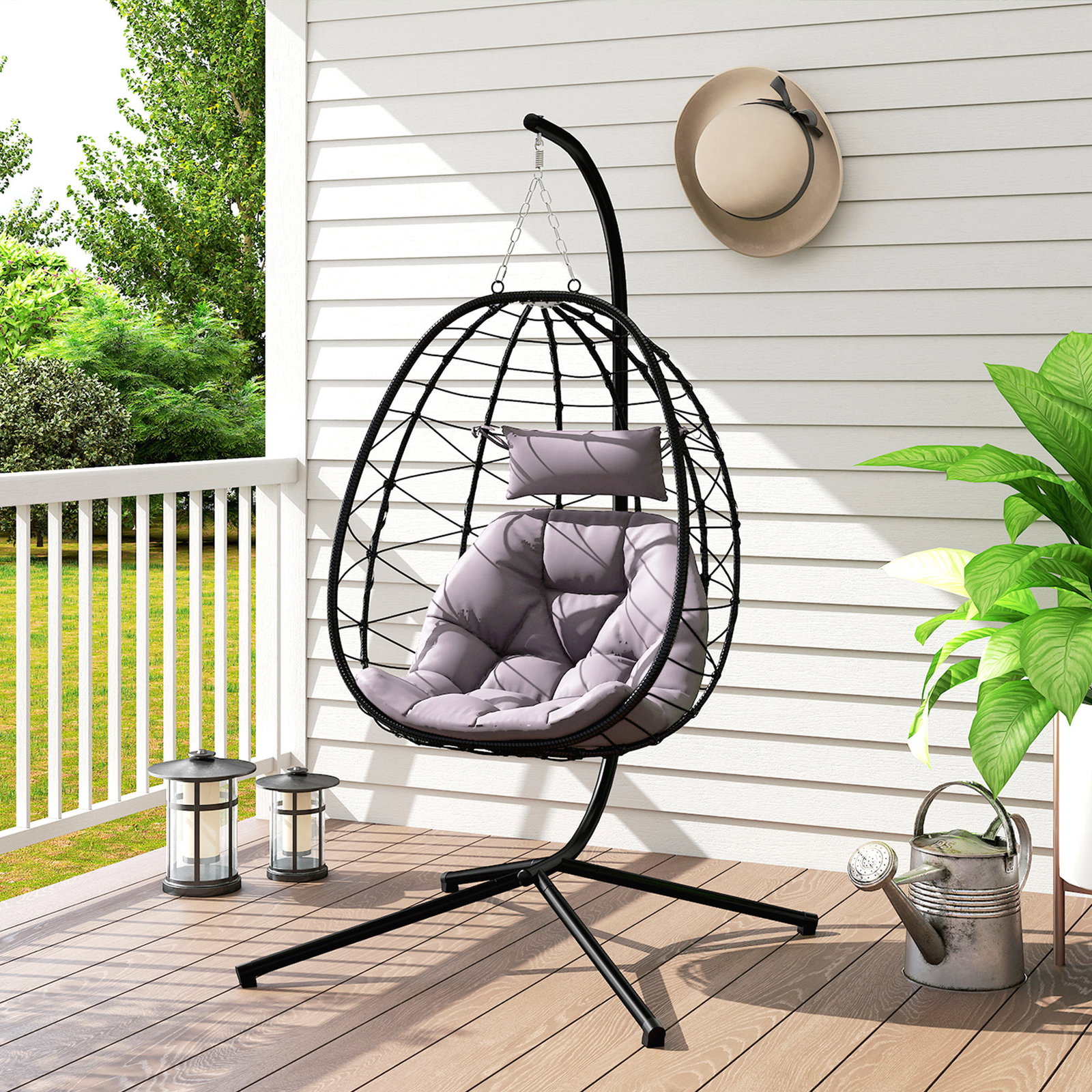 Cadeira suspensa com suporte baloiço jardim com cesto dobrável almofada e apoio de cabeça 98x95x198 cm cinzento