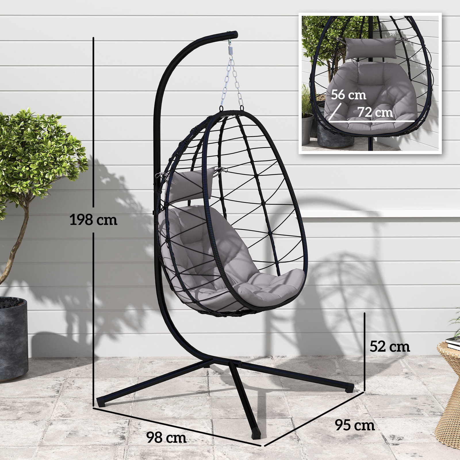 Cadeira suspensa com suporte baloiço jardim com cesto dobrável almofada e apoio de cabeça 98x95x198 cm cinzento