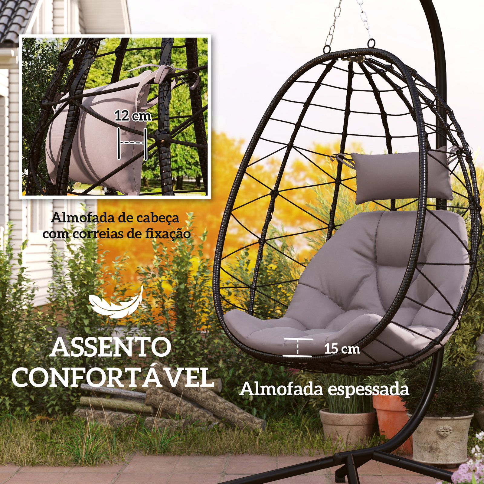 Cadeira suspensa com suporte baloiço jardim com cesto dobrável almofada e apoio de cabeça 98x95x198 cm cinzento
