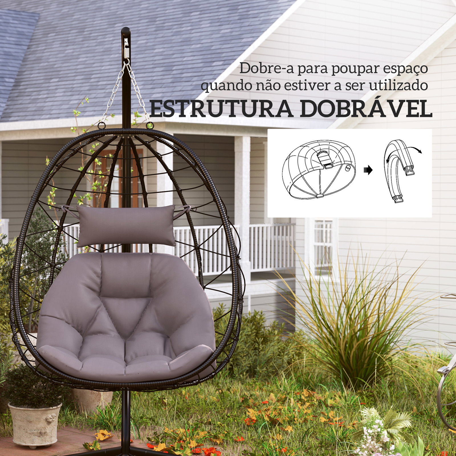 Cadeira suspensa com suporte baloiço jardim com cesto dobrável almofada e apoio de cabeça 98x95x198 cm cinzento