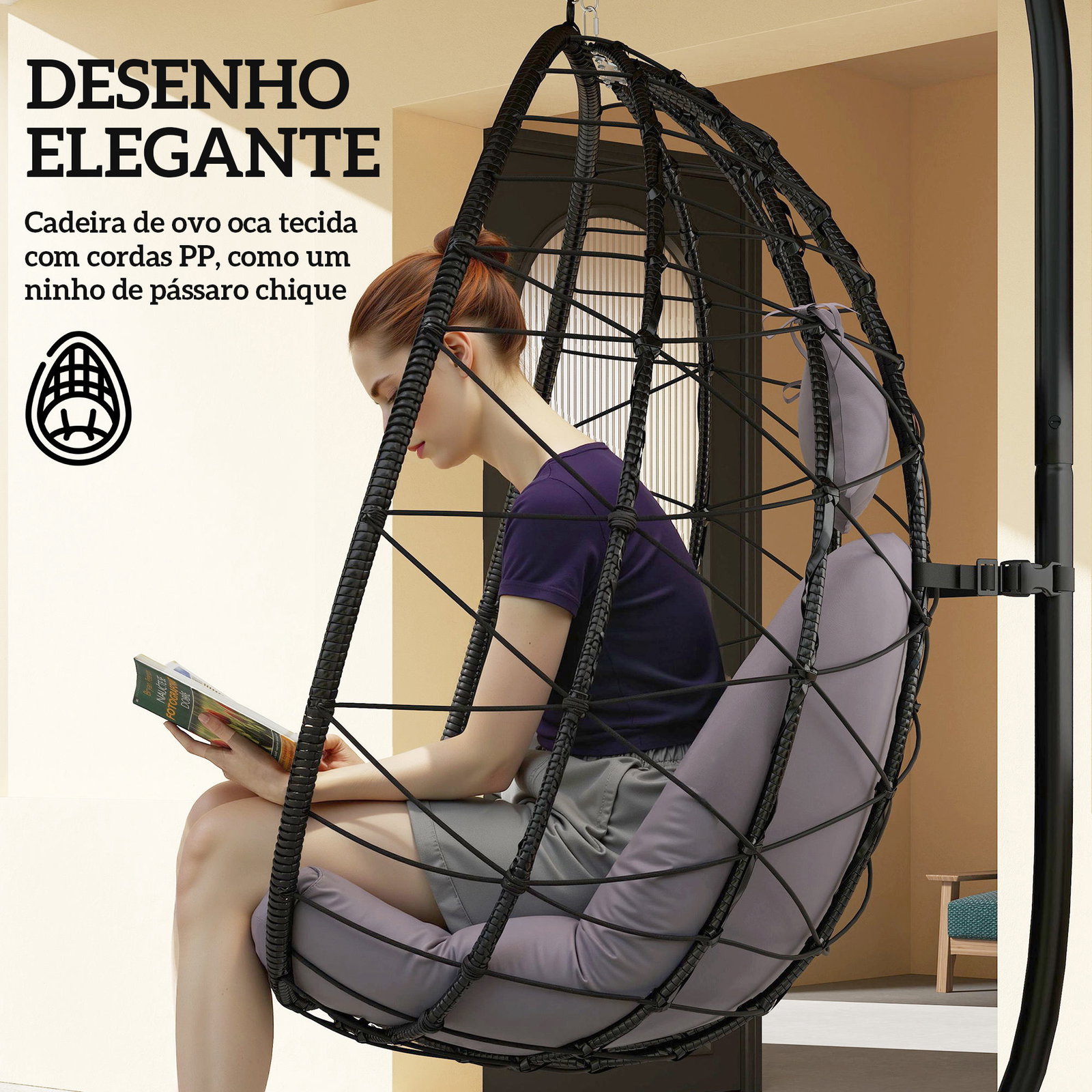 Cadeira suspensa com suporte baloiço jardim com cesto dobrável almofada e apoio de cabeça 98x95x198 cm cinzento