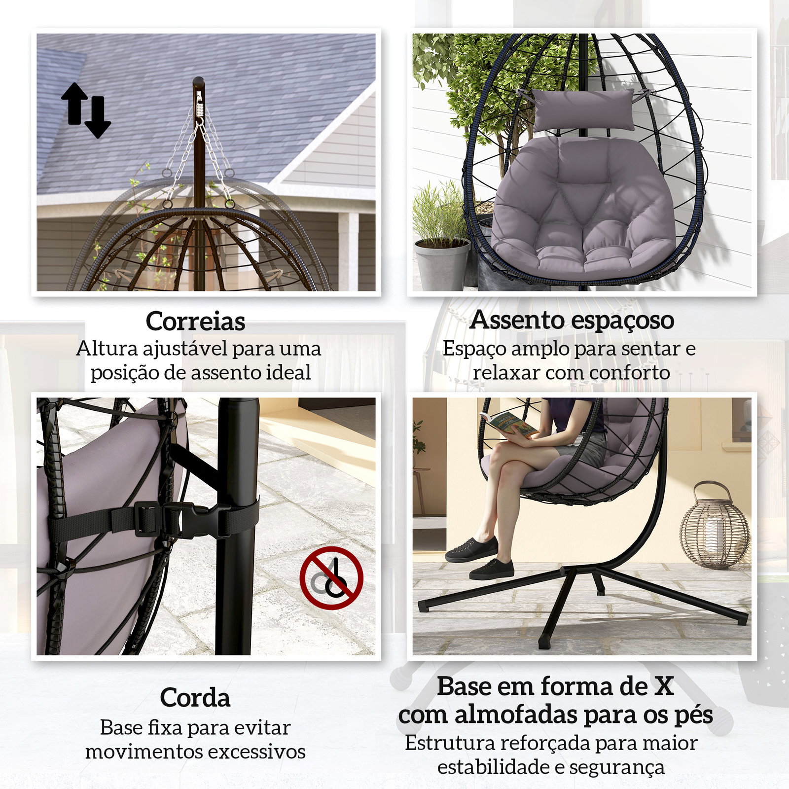Cadeira suspensa com suporte baloiço jardim com cesto dobrável almofada e apoio de cabeça 98x95x198 cm cinzento