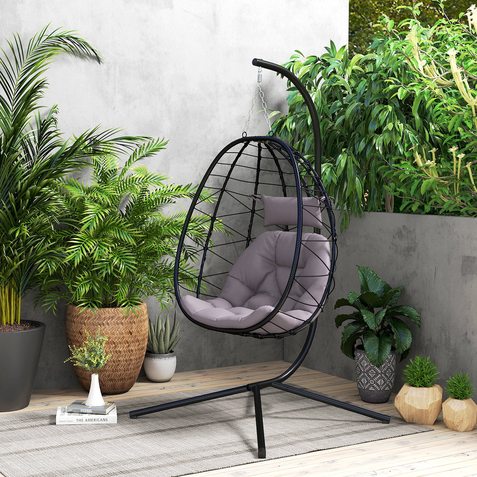 Cadeira suspensa com suporte baloiço jardim com cesto dobrável almofada e apoio de cabeça 98x95x198 cm cinzento