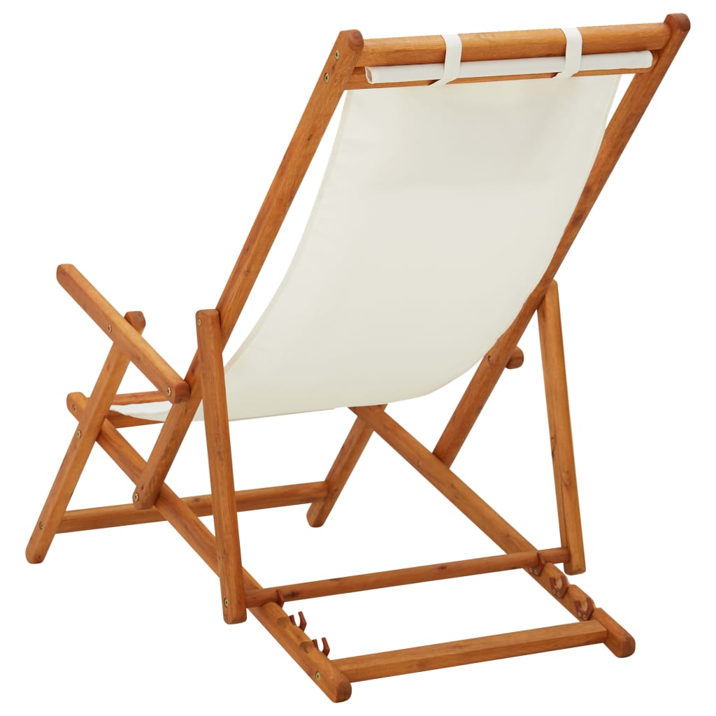 Cadeira de praia dobrável madeira eucalipto maciça/tecido creme