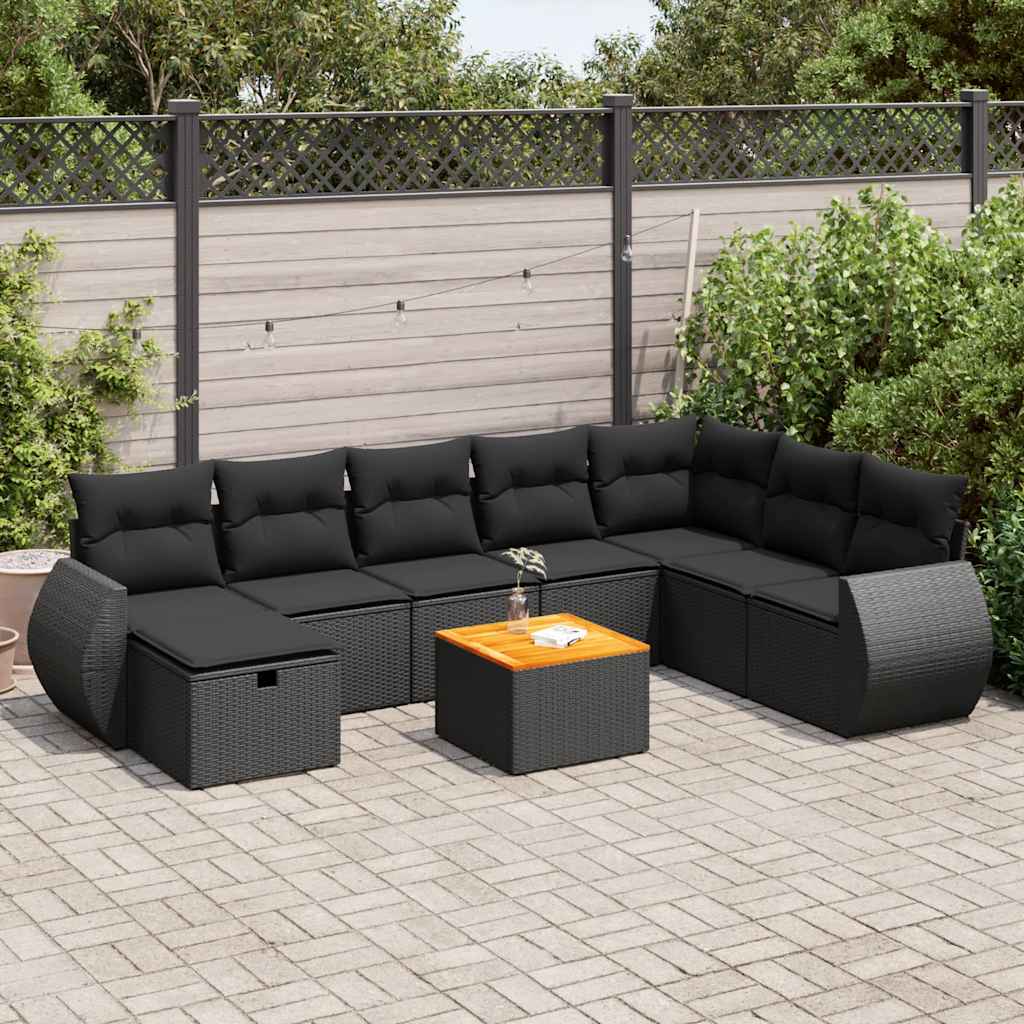 9 Pcs conjunto de sofás p/ jardim c/ almofadões vime PE preto