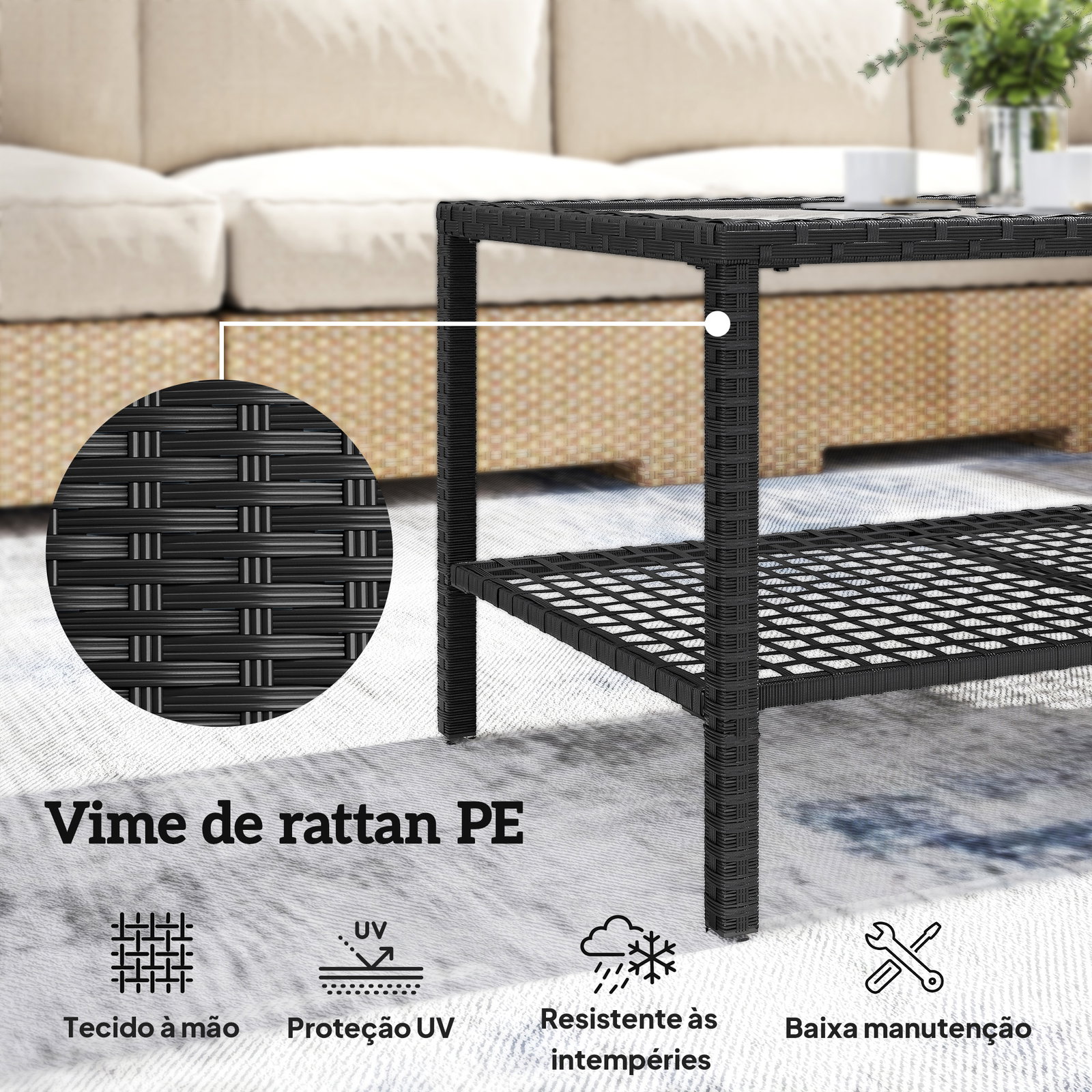 Mesa de centro de jardim em ratã com prateleira e tampo de vidro temperado, estrutura de aço, 92x50x45 cm, preto