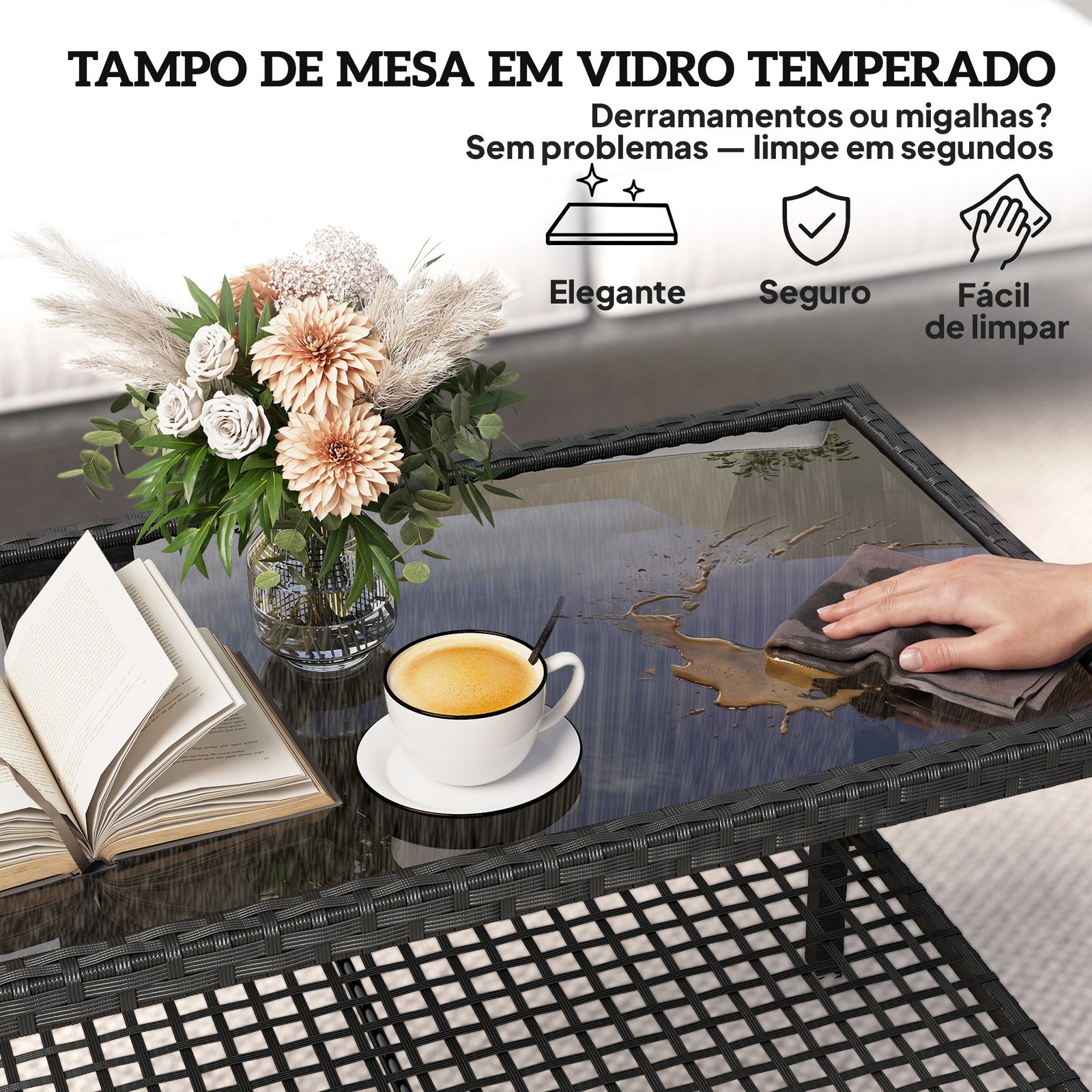 Mesa de centro de jardim em ratã com prateleira e tampo de vidro temperado, estrutura de aço, 92x50x45 cm, preto