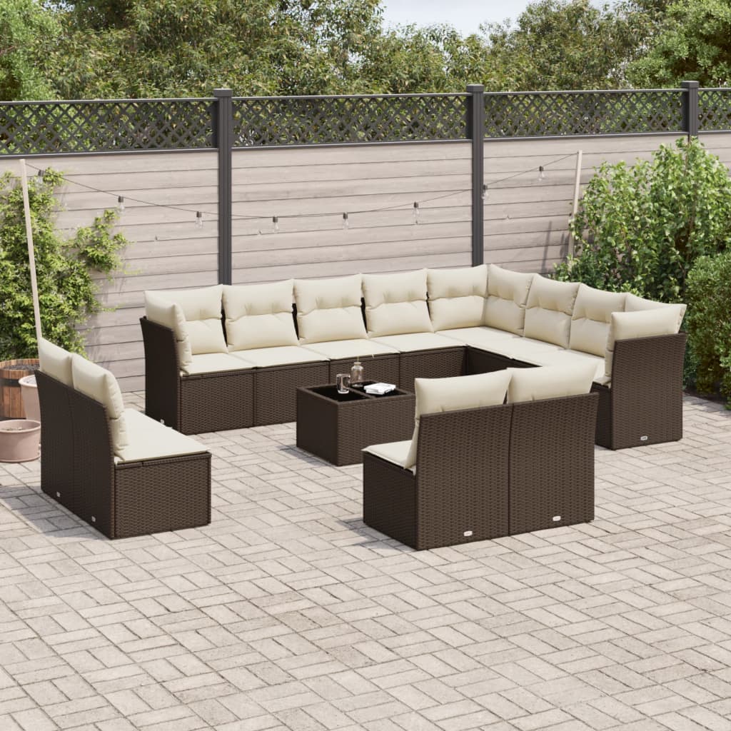 13 Pcs conjunto sofás p/ jardim c/ almofadões vime PE castanho