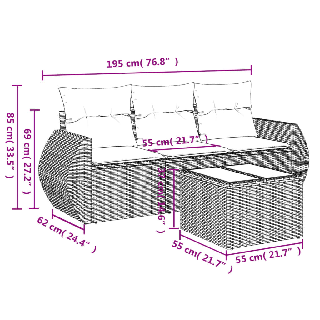 4 Pcs conjunto sofás de jardim c/ almofadões vime PE castanho