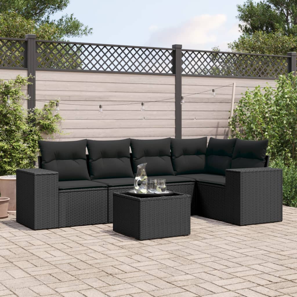 6 Pcs conjunto sofás de jardim c/ almofadões vime PE preto