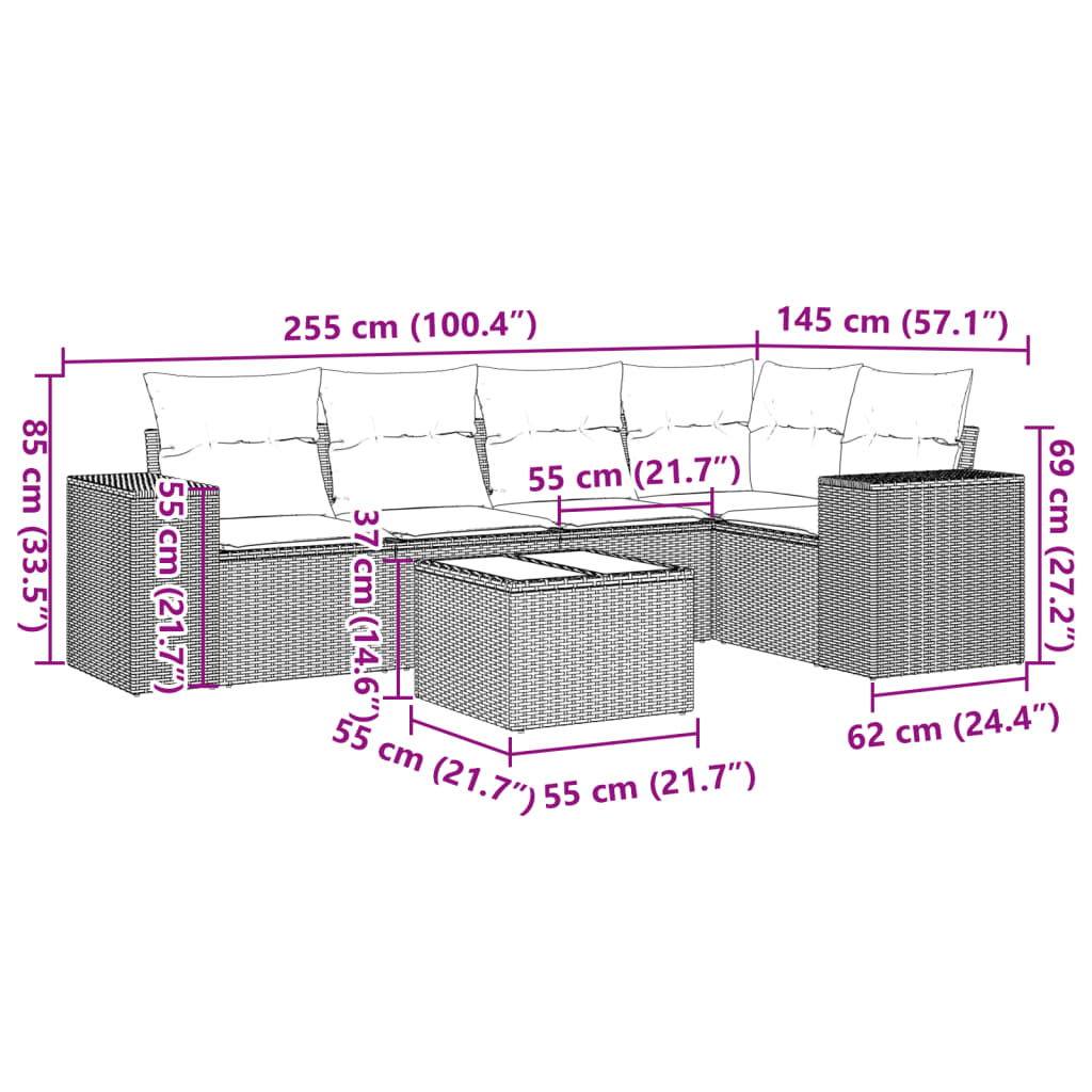 6 Pcs conjunto sofás de jardim c/ almofadões vime PE preto